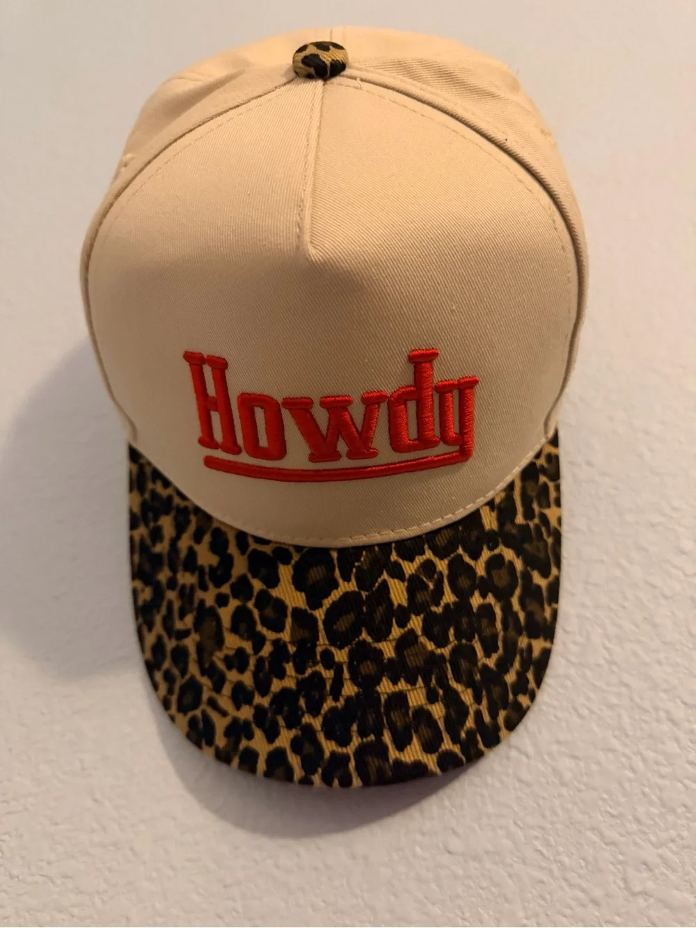 Howdy Embroidered Leopard Trim Baseball Cap - Tan and Leopard